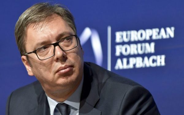 Serbia's President Aleksandar Vucic listens during the opening opening of the Political Symposium at the European Forum Alpbach 2018 on August 25, 2018 in Alpbach, Austria. (Photo by HERBERT NEUBAUER / APA / AFP) / Austria OUT        (Photo credit should read HERBERT NEUBAUER/AFP/Getty Images)