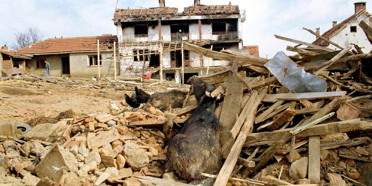 PREKAZ, KOSOVO, 19 MARCH 1998  --- The destroyed farm home of a Kosovar Albanian leader Adam Jasari in the Drenica region of Kosovo. The home was destroyed during recent fighting between the KLA and Serbian security forces.

(C) Photo Credit: Mark H. Milstein/ ANS
