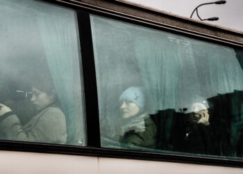 People on a bus leaving from the main bus station in Kyiv, Ukraine, Thursday, February 24th, 2022.

Photograph: Timothy Fadek / Redux