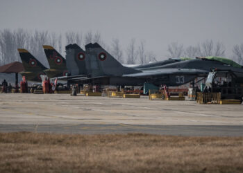 GRAF IGNATIEVO, BULGARIA - FEBRUARY 17: Bulgarian Air Force MiG-29 at the Airbase of Graf Ignatievo during the joint tasks on enhanced airspace protection Air Policing by the Bulgarian and Spanish Air Forces on February 17, 2022 in Graf Ignatievo, Bulgaria. Spain will support fellow NATO member Bulgaria with 130 military personnel and four Eurofighter jets amid heightened tensions with Russia. (Photo by Hristo Rusev/Getty Images)