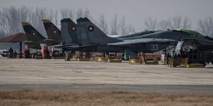 GRAF IGNATIEVO, BULGARIA - FEBRUARY 17: Bulgarian Air Force MiG-29 at the Airbase of Graf Ignatievo during the joint tasks on enhanced airspace protection Air Policing by the Bulgarian and Spanish Air Forces on February 17, 2022 in Graf Ignatievo, Bulgaria. Spain will support fellow NATO member Bulgaria with 130 military personnel and four Eurofighter jets amid heightened tensions with Russia. (Photo by Hristo Rusev/Getty Images)