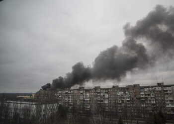 Smoke rise after shelling by Russian forces in Mariupol, Ukraine, Friday, March 4, 2022.(AP Photo/Evgeniy Maloletka)