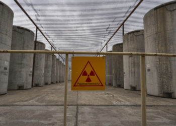 A view of a spent nuclear fuel storage grounds at the Russian-controlled Zaporizhzhia nuclear power plant in southern Ukraine on March 29, 2023. (Photo by Andrey BORODULIN / AFP)