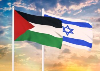 Relationship between the Israel and the Palestine. Two flags of countries on heaven with sunset. 3D rendered illustration.
