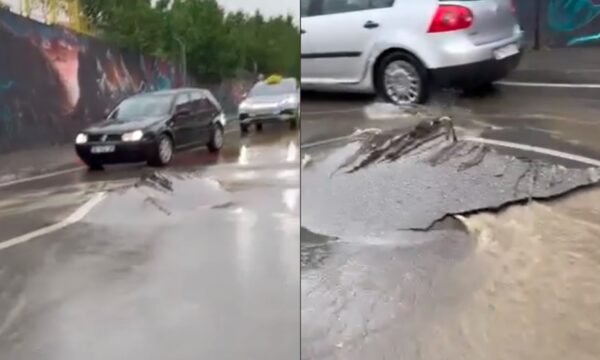Reshjet e mëdha të shiut e çajnë asfaltin në Rrugën B në Prishtinë